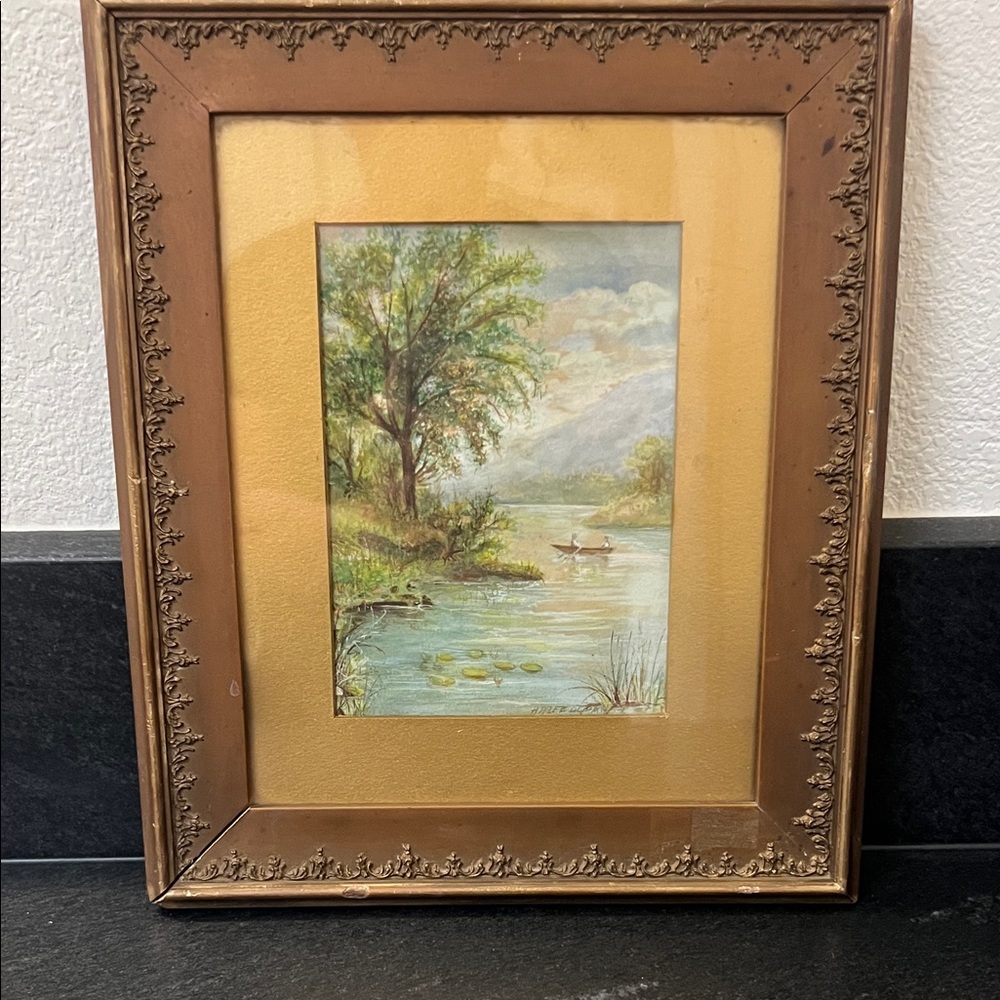 Antique Row Boat scene watercolor, signed